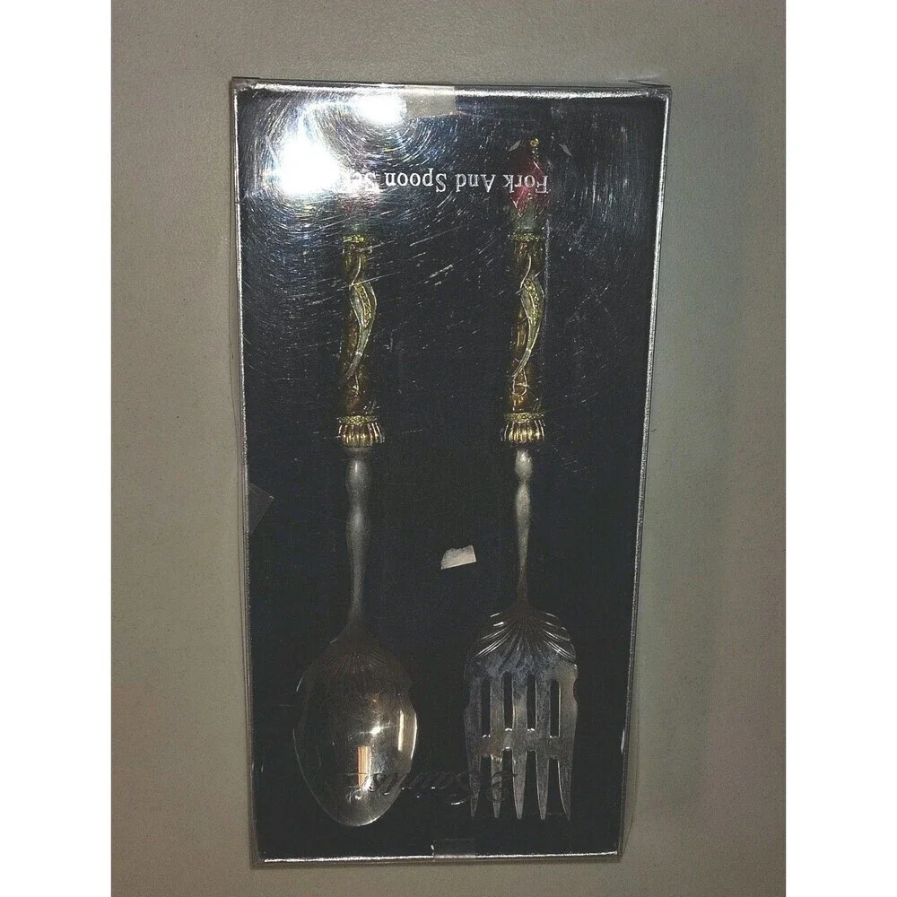Sainish Ornate Floral Serving Set - Large Fork & Spoon - Jeweled Enamel Handles